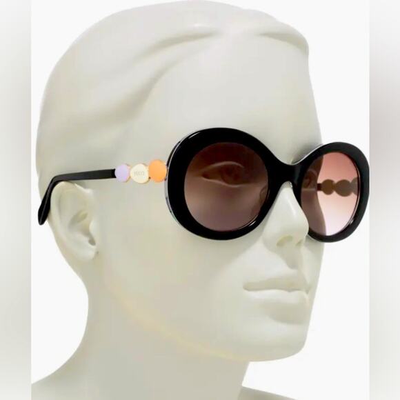 EMILIO PUCCI 55MM Round Sunglasses Shiny Black Bordeaux print retro Cobain 60s - Picture 2 of 16